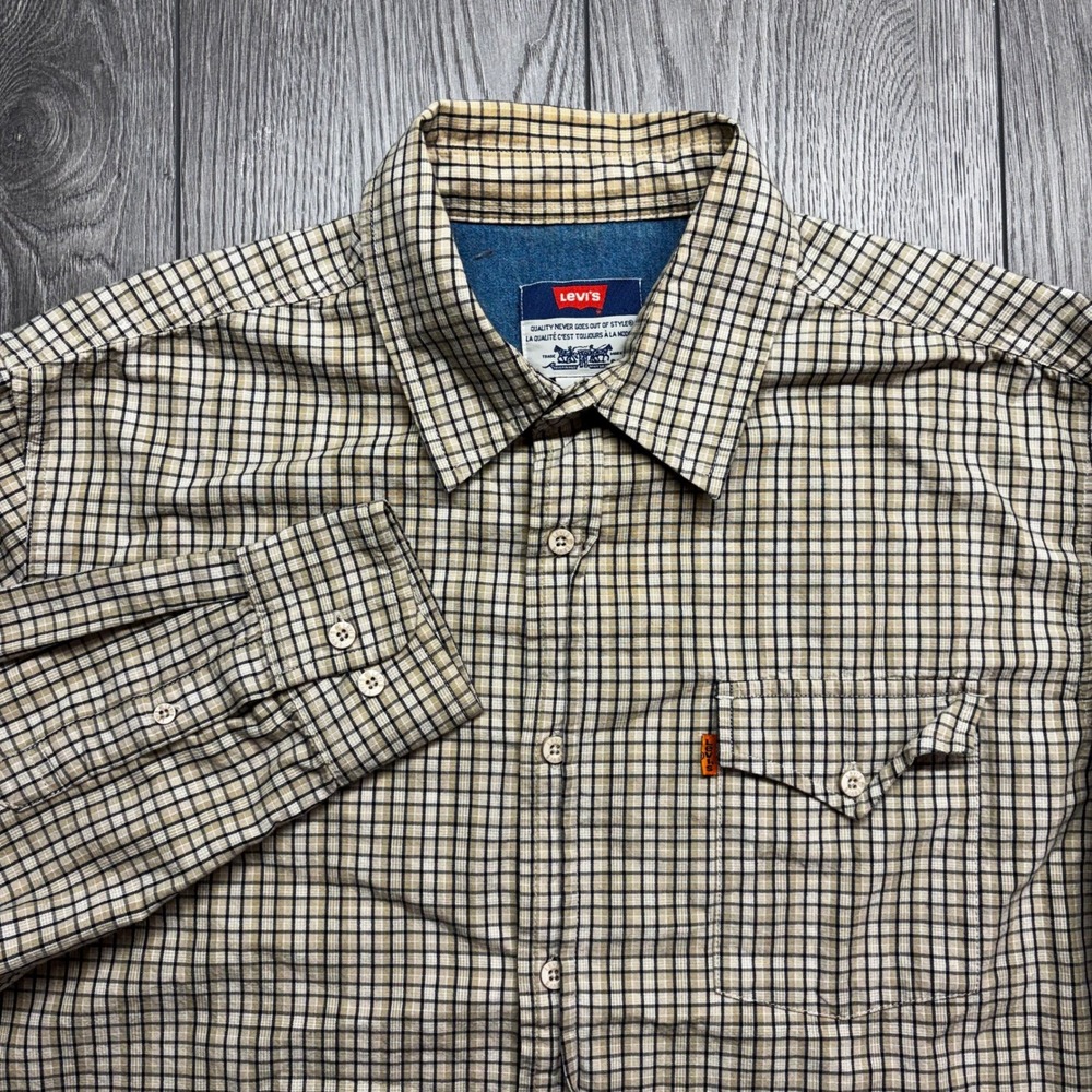 Levis Vintage Large Orange Tab Western Button Down Shirt Tan Check Long Sleeve